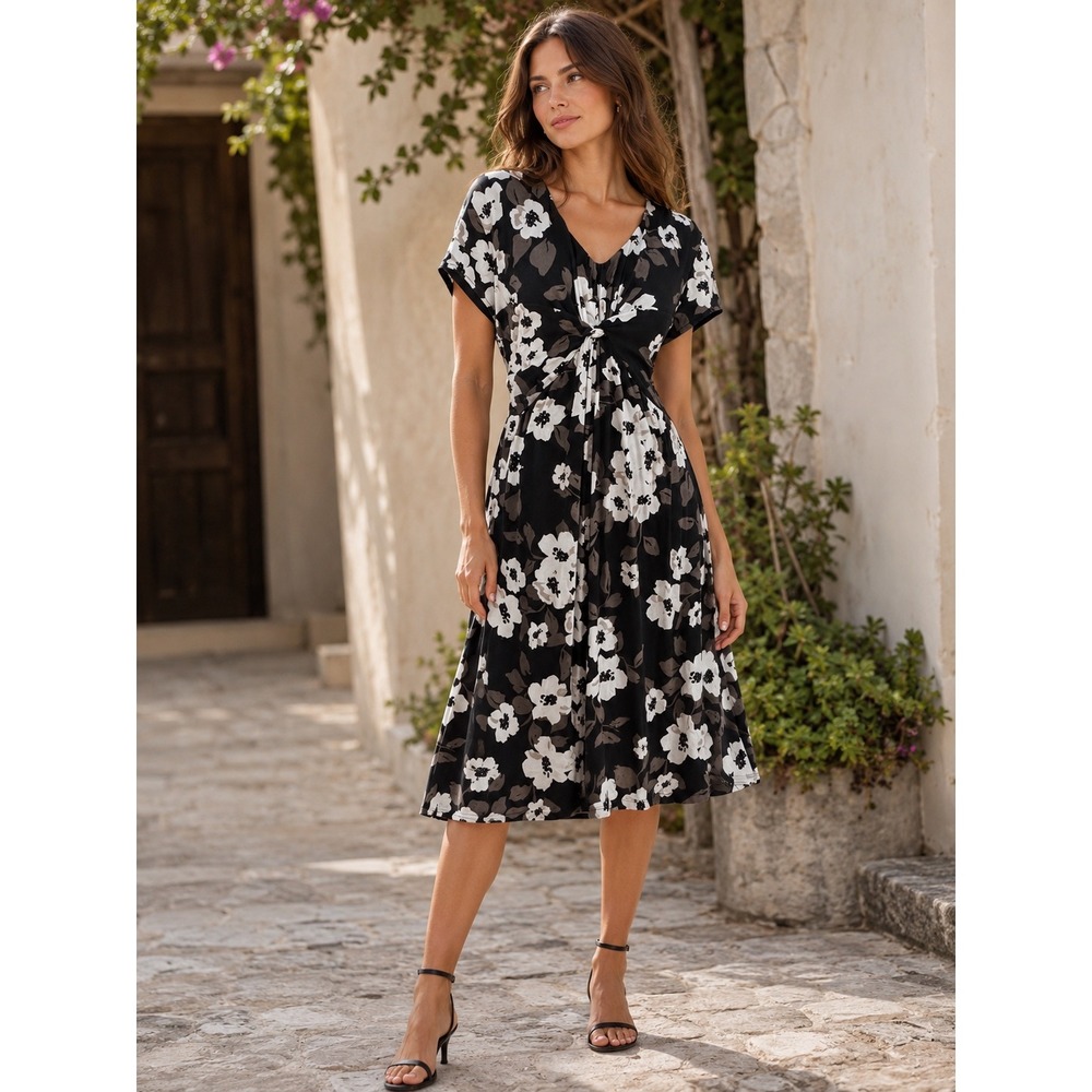 Garnet Hill Black White Floral Twist Front V-Neck Midi Dress 10 Cotton Mix
